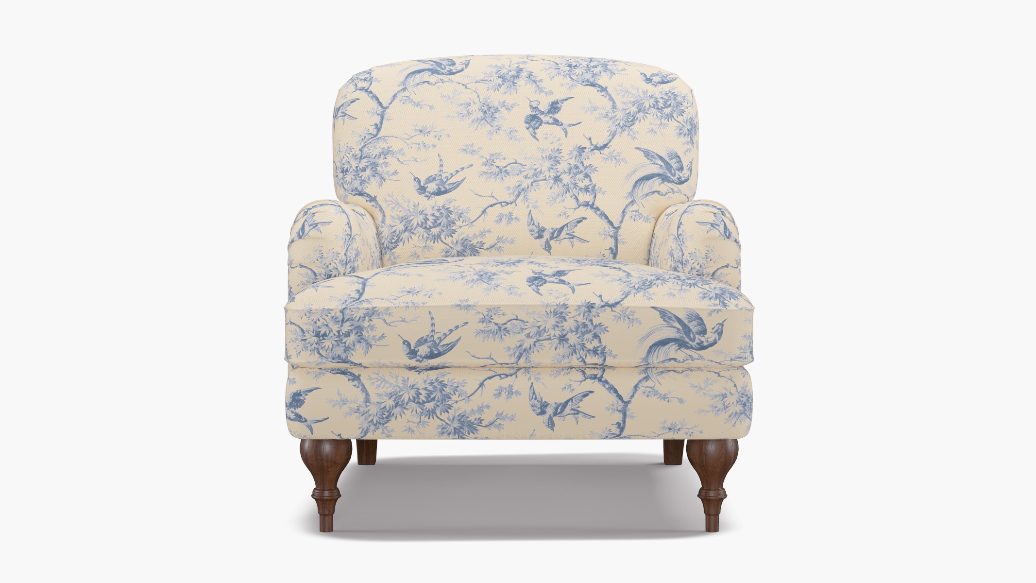 English Roll Arm Chair, Blue Swallows, Walnut Turned Wood Leg - Image 1