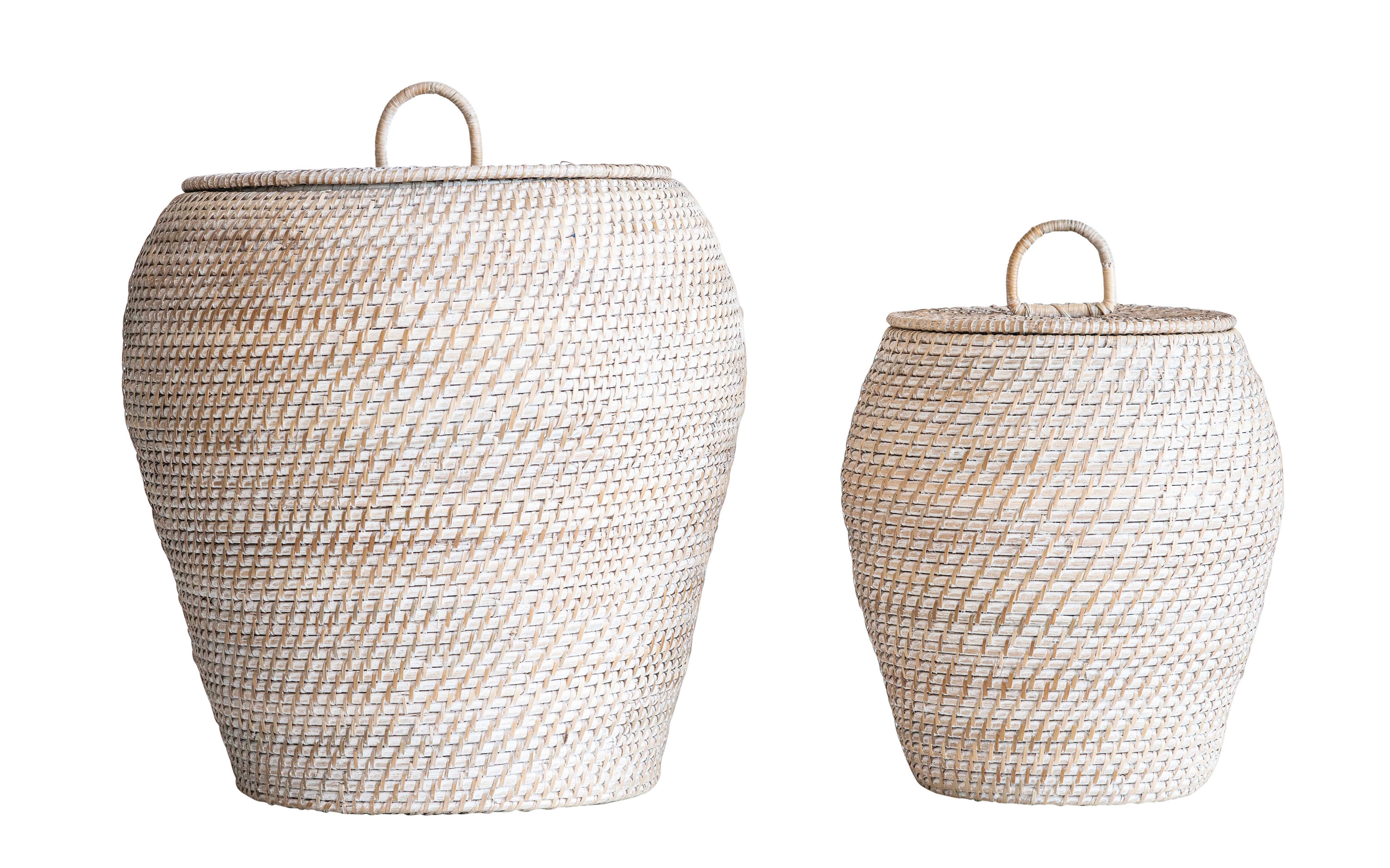 Rattan Baskets with Lids, Whitewashed, Set of 2 - Image 0