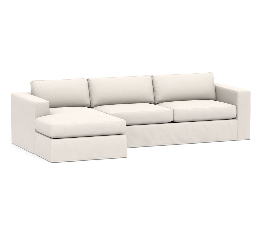 Carmel Square Arm Slipcovered Right Arm Sofa with Chaise Sectional, Down Blend Wrapped Cushions, Sunbrella(R) Performance Chenille Salt - Image 0