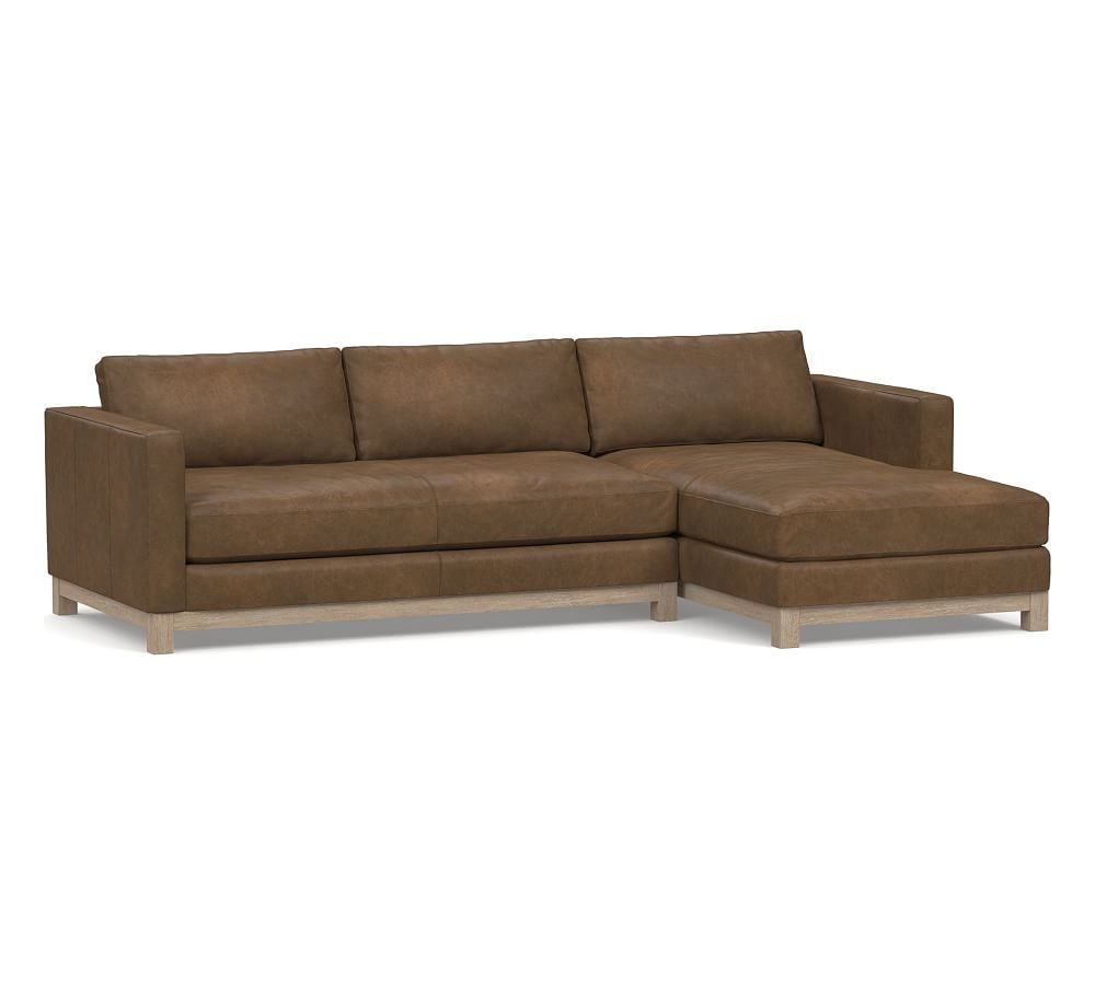 Jake Leather Left Arm Loveseat with Chaise Sectional, Bench Cushion and Wood Legs, Down Blend Wrapped Cushions Churchfield Chocolate - Image 0