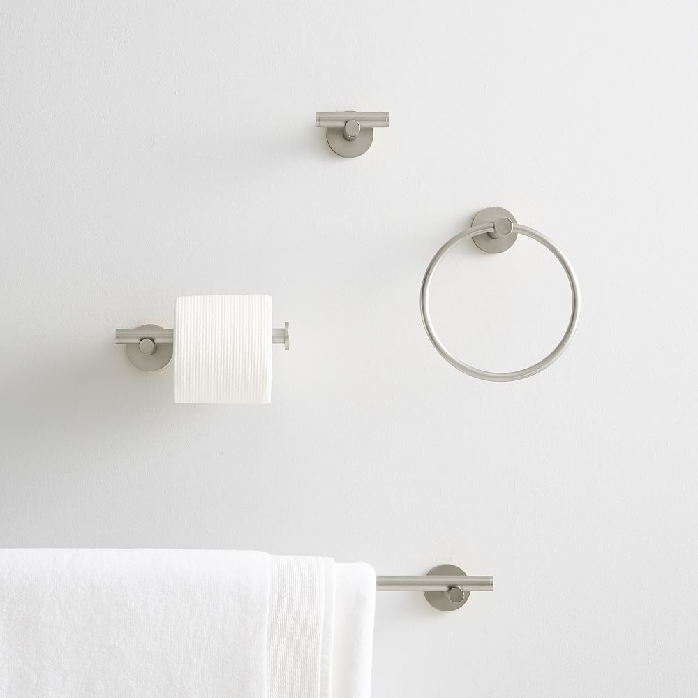 Modern Overhang Bath Hardware, Set of 4, Brushed Nickel, 30" Towel Bar, Hook, Towel Ring, Tissue Holder - Image 3