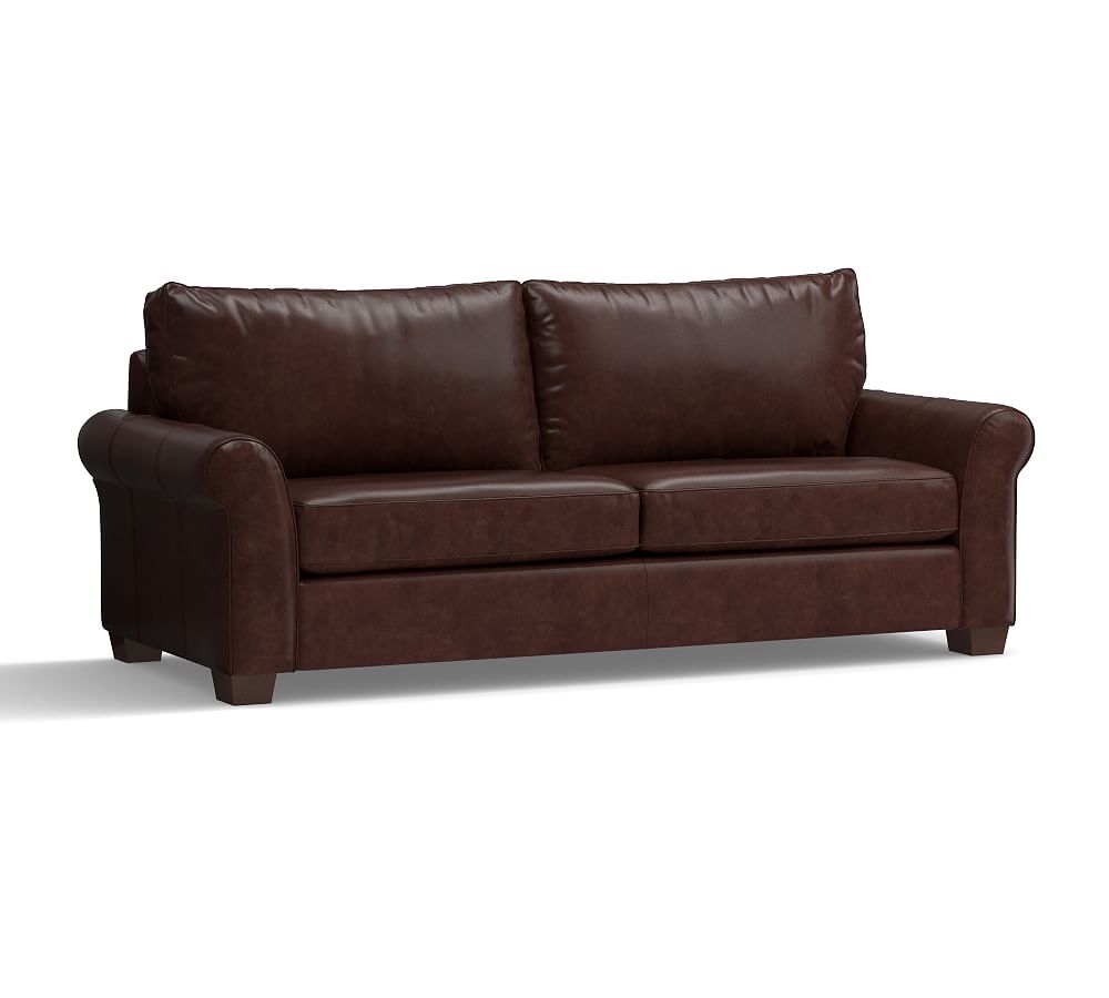 PB Comfort Roll Arm Leather Loveseat 76.5", Polyester Wrapped Cushions, Vintage Midnight - Image 0