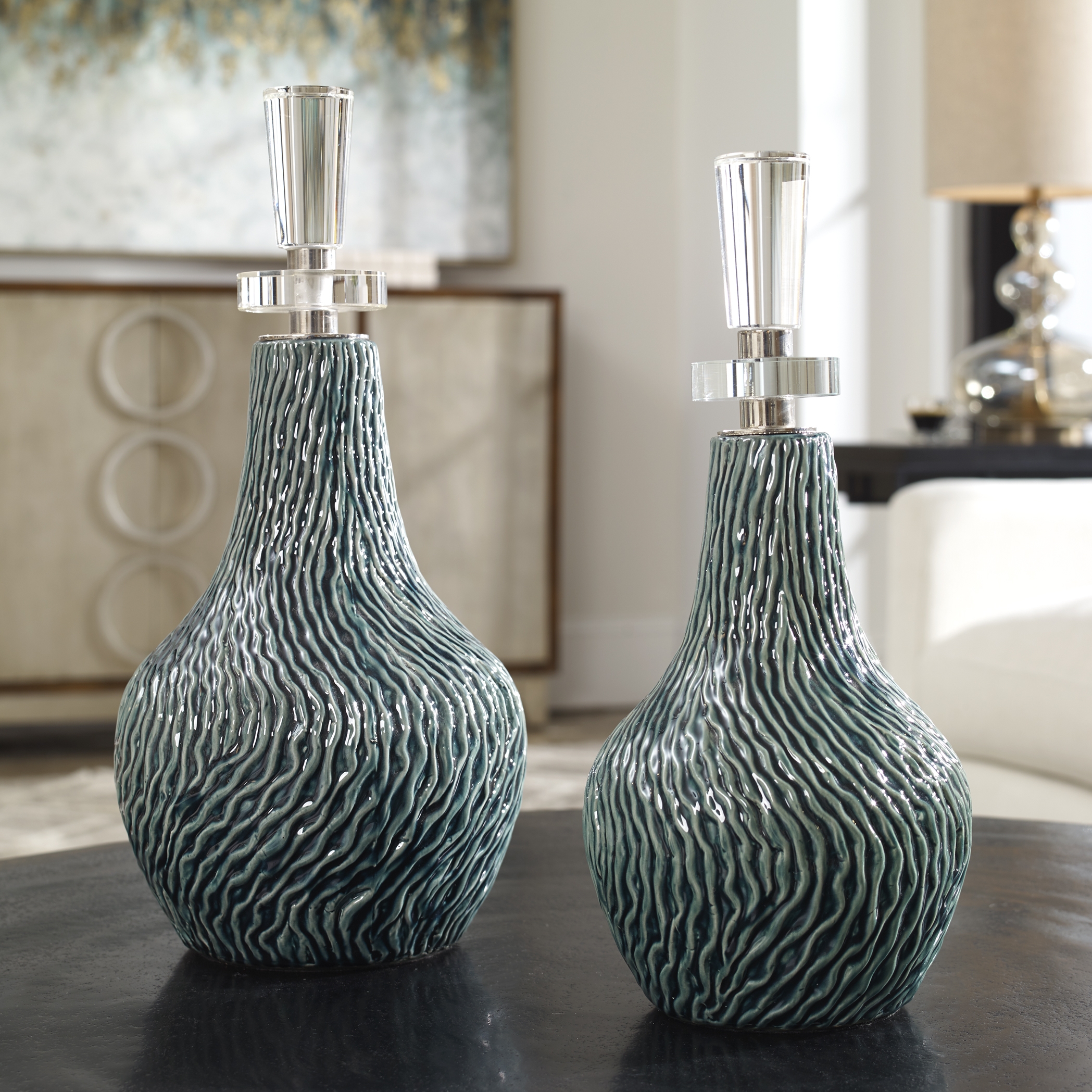 Almera Dark Teal Bottles, S/2 - Image 2