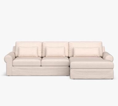 Big Sur Roll Arm Slipcovered Deep Seat Right Arm Grand Sofa with Double Chaise Sectional and Bench Cushion, Down Blend Wrapped Cushions, Park Weave Ash - Image 1
