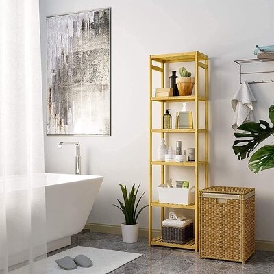 Bamboo Bathroom Shelf 6-tier, 64.2" Height Narrow Shelving Unit, Multifunctional Storage Rack, Plant Stand Wood Corner Shelf For Kitchen, Livingroom, Hallway, Bathroom Storage Organizer Shelf - Image 0