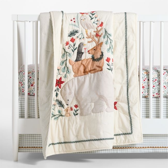 Winter Wonderland Embroidered Organic Cotton Baby Crib Quilt - Image 0