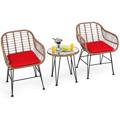 George Oliver 3pcs Patio Rattan Bistro Set Coffee Table Armchair Garden Red Cushion - Image 0