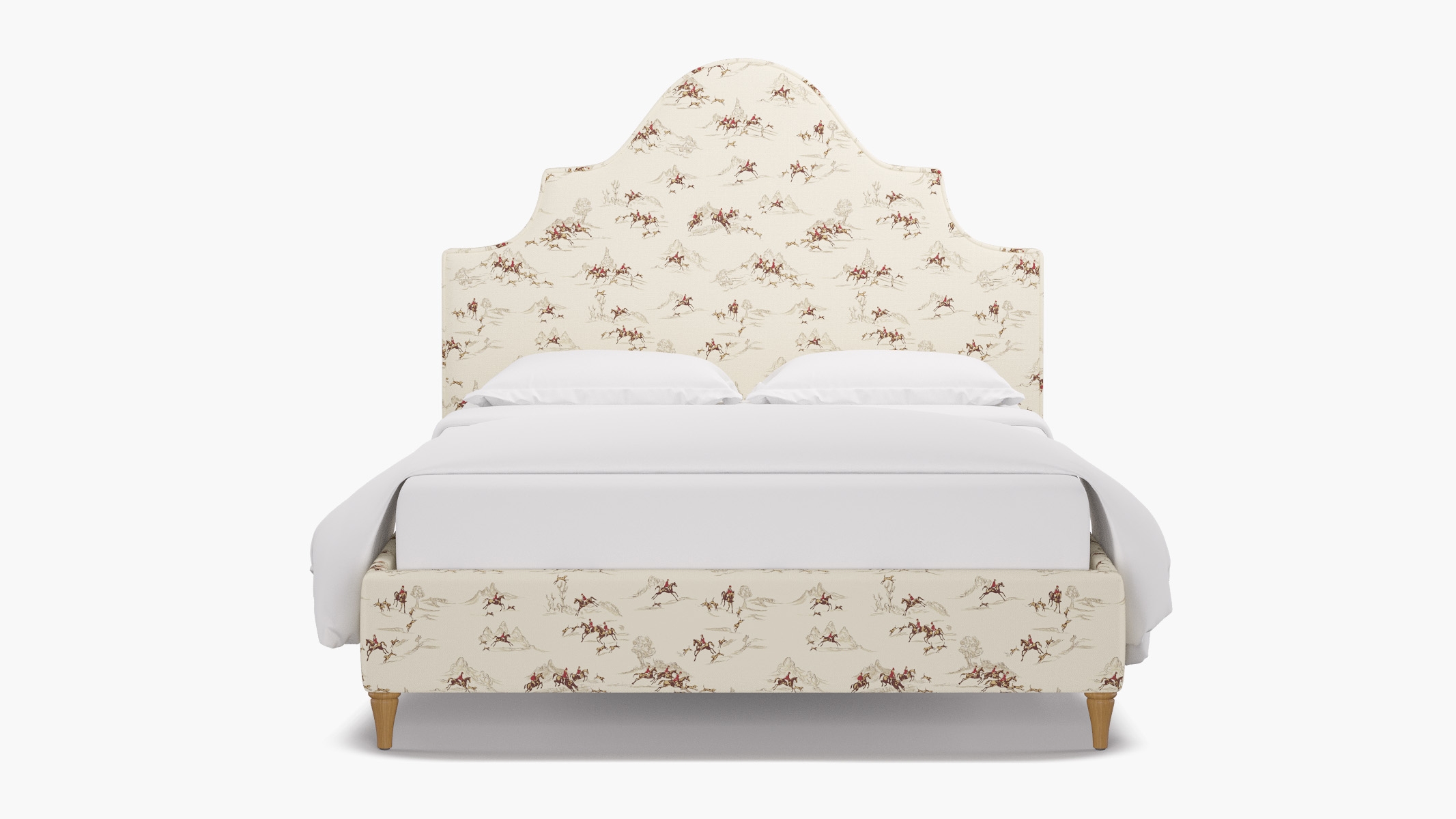 Statement Bed, Red Cotswold Hunt, Natural Decorative Tapered Leg, Queen - Image 0
