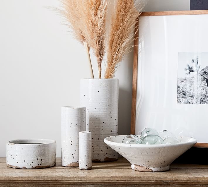 Terra Cotta Speckled Vase, White, Bowl, 5" - Image 1