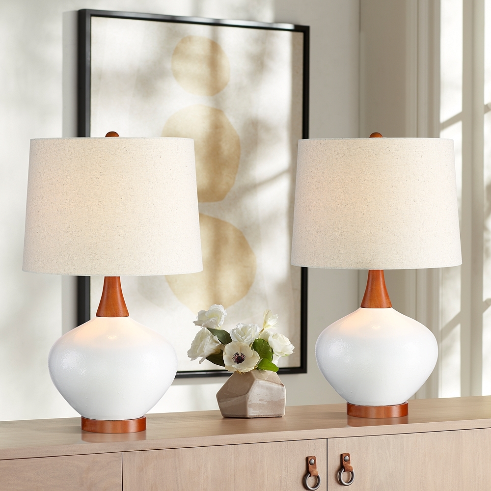 360 Lighting Brice Ivory and Wood Mid-Century Ceramic Lamps Set of 2 - Image 0