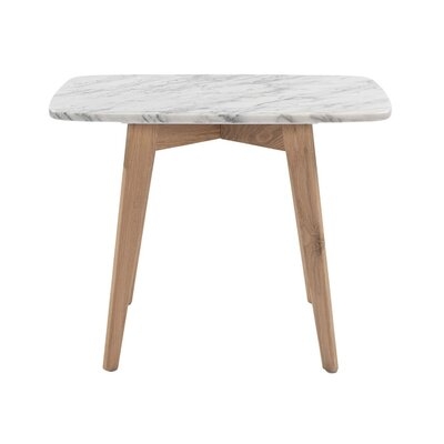 Bayoleth 12" X 21" Rectangular Modern Italian Carrara White Marble End Table With Oak Legs - Image 0