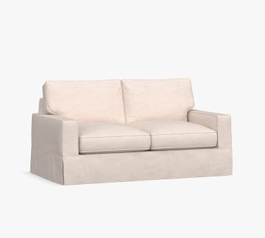 PB Comfort Square Arm Slipcovered Loveseat 61", Down Blend Wrapped Cushions, Performance Heathered Basketweave Alabaster White - Image 2