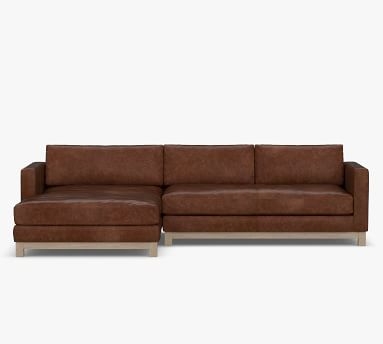 Jake Leather Right Arm Loveseat with Wide Chaise Sectional, Bench Cushion and Wood Legs, Down Blend Wrapped Cushions, Legacy Chocolate - Image 1