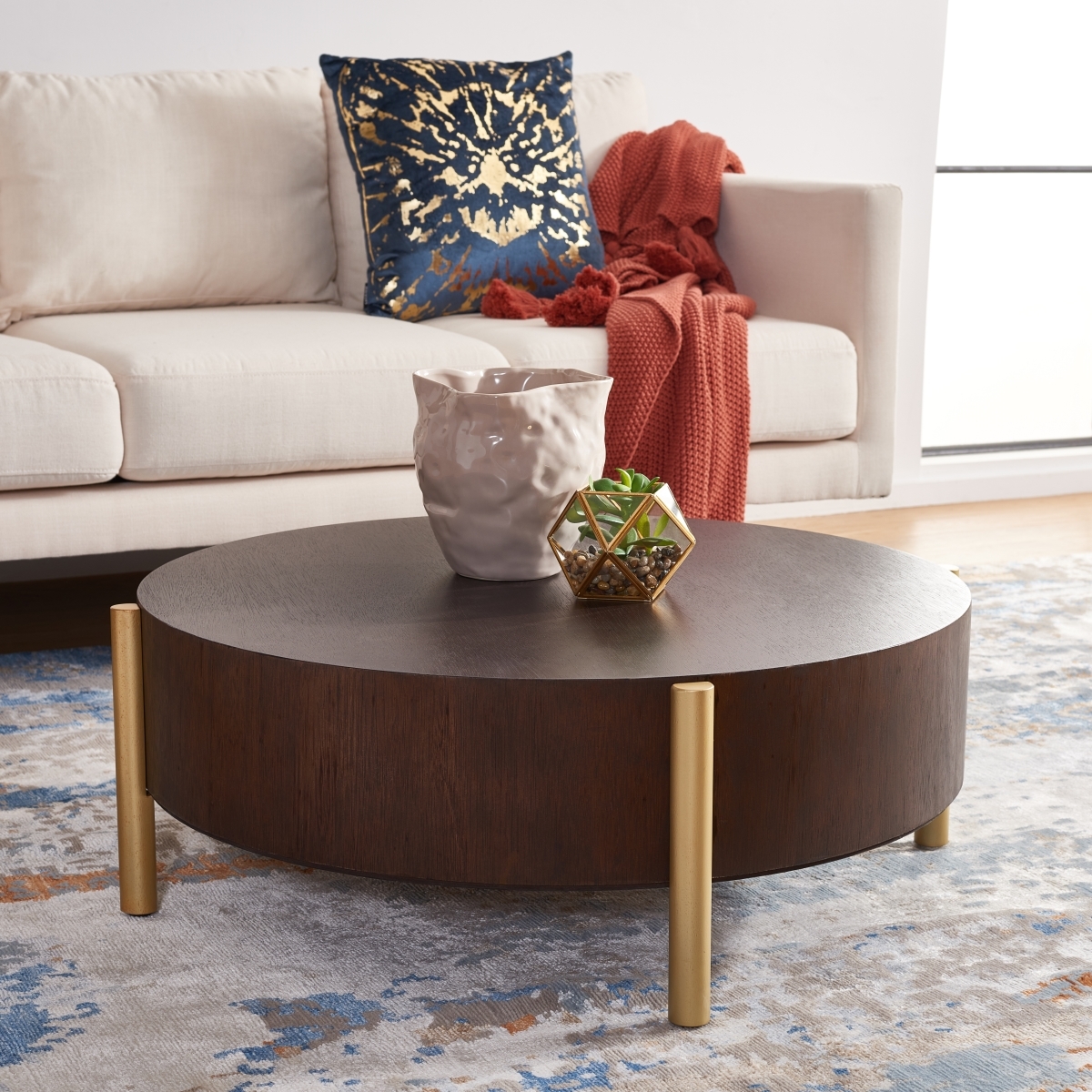 Diangela Round Coffee Table - Dark Oak / Gold - Safavieh - Image 1