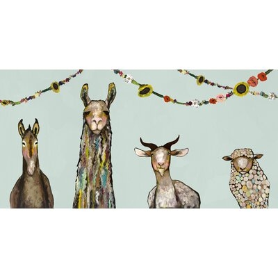 Donkey, Llama, Goat, Sheep with Garland by Eli Halpin - Wrapped Canvas Print - Image 0