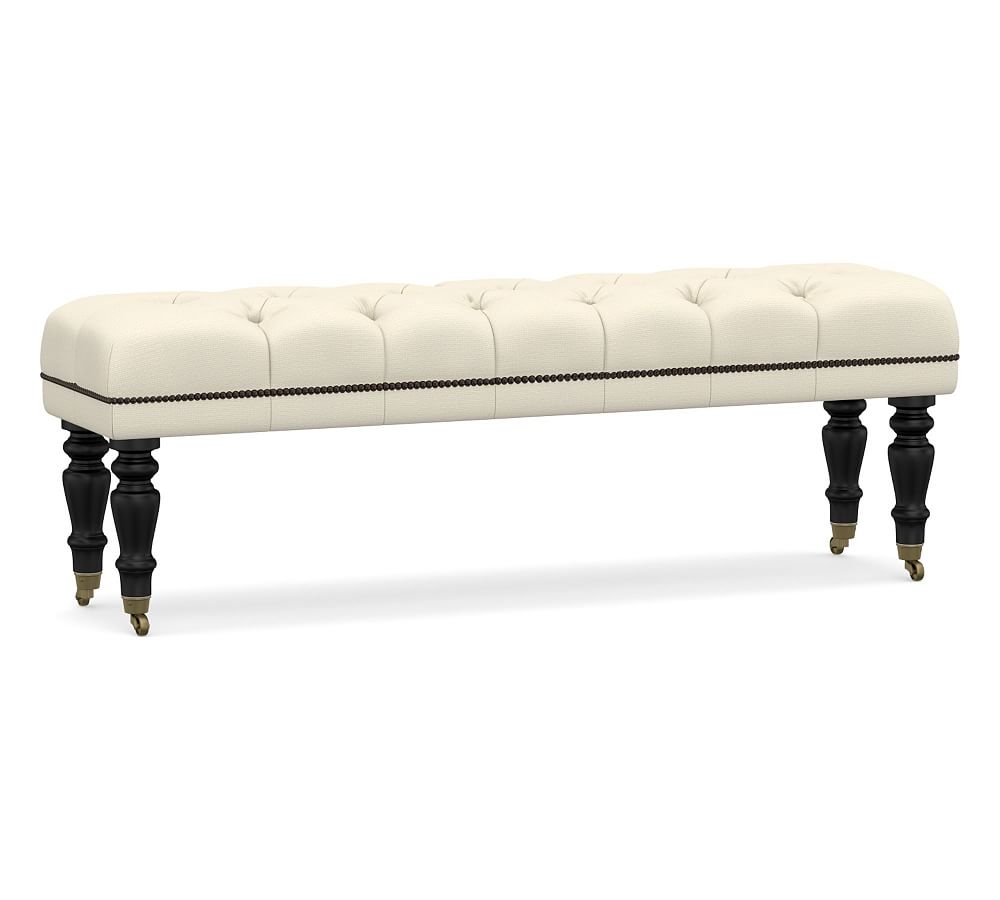 Raleigh Upholstered Tufted Queen Bench with Black Legs & Bronze Nailheads, Park Weave Ivory - Image 0