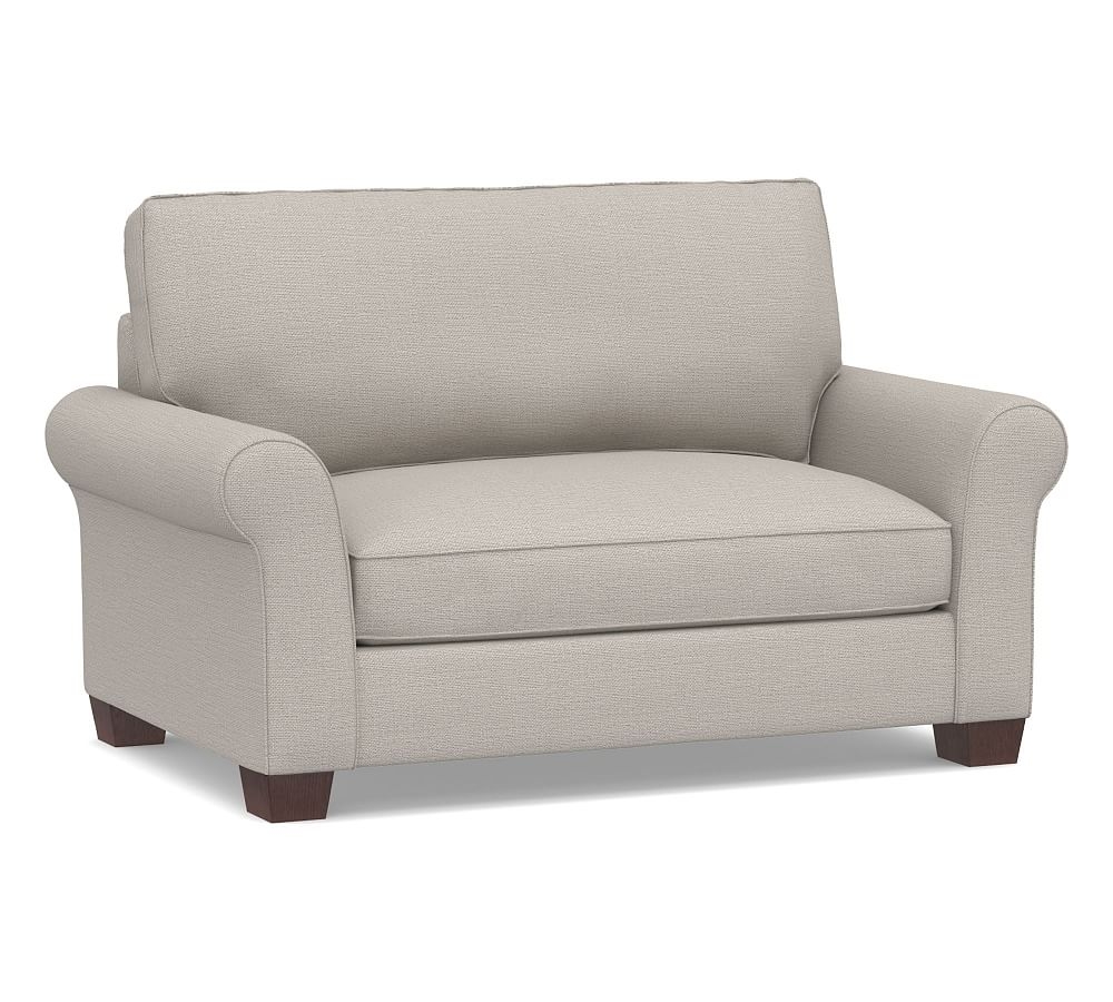 PB Comfort Roll Arm Upholstered Twin Sleeper Sofa, Box Edge, Memory Foam Cushions, Chunky Basketweave Stone - Image 0