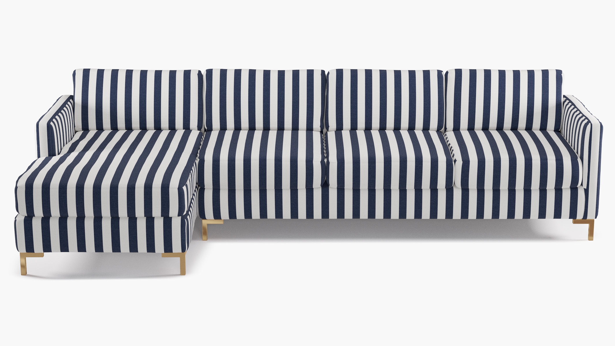 Modern Sectional, Left Facing, Navy Cabana Stripe, Brass L Leg - Image 0