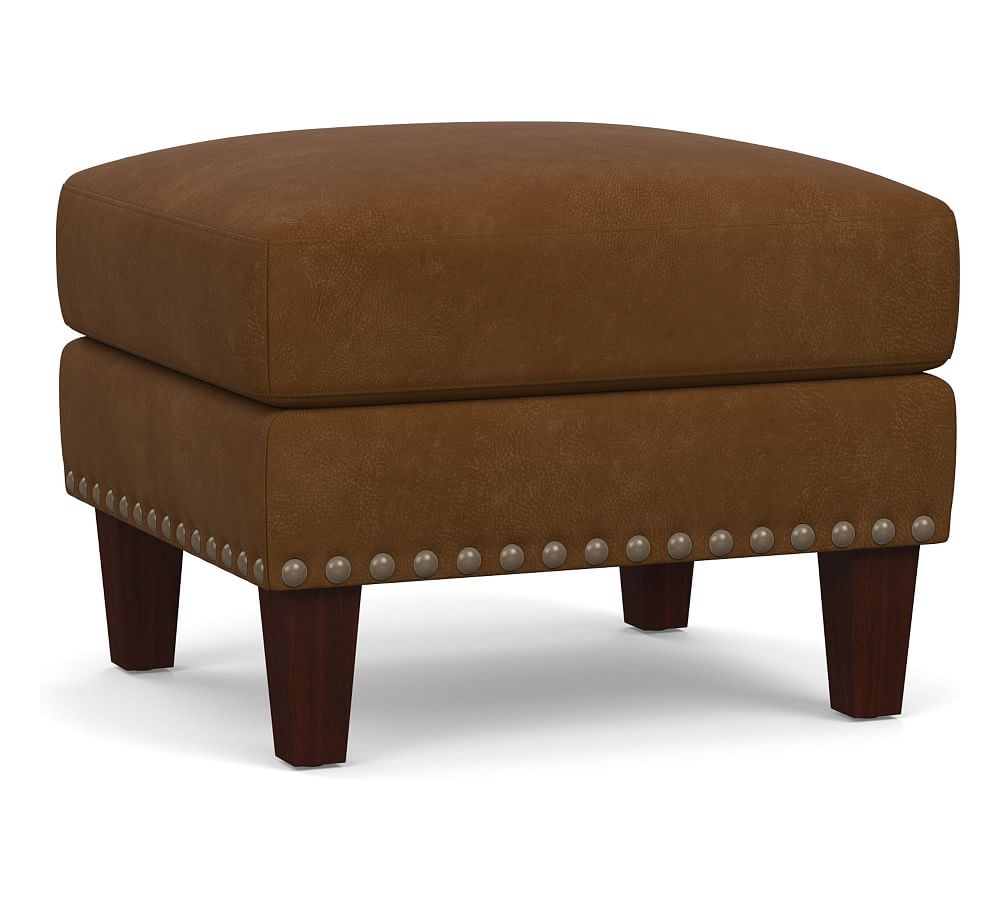 Harlow Leather Ottoman with Bronze Nailheads, Polyester Wrapped Cushions, Aviator Umber - Image 0