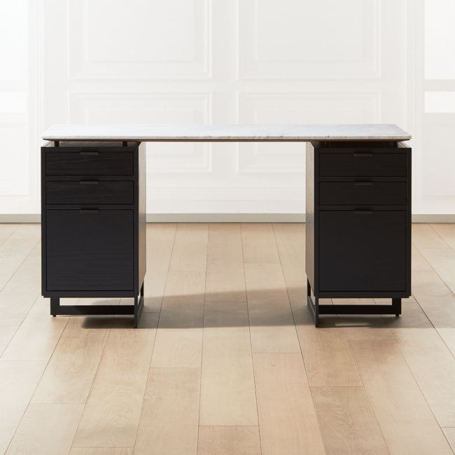Fullerton 6-Drawer Black Oak Wood Desk with White Marble Top - Image 0