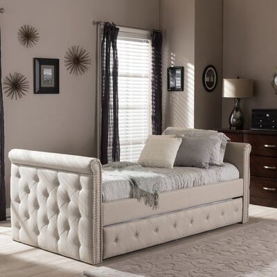Modern And Contemporary Beige Fabric Tufted Twin Size Daybed With Roll-Out Trundle Guest Bed - Image 0