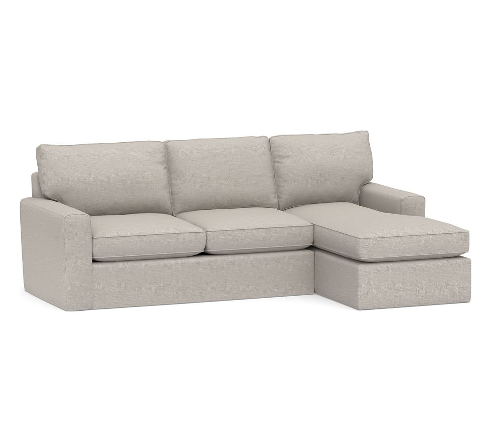 Pearce Square Arm Slipcovered Left Arm Loveseat with Chaise Sectional, Down Blend Wrapped Cushions, Chunky Basketweave Stone - Image 0