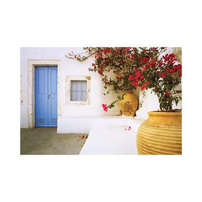 Greece, Santorini. Blue Door To House And Potted Flowers. - Image 0