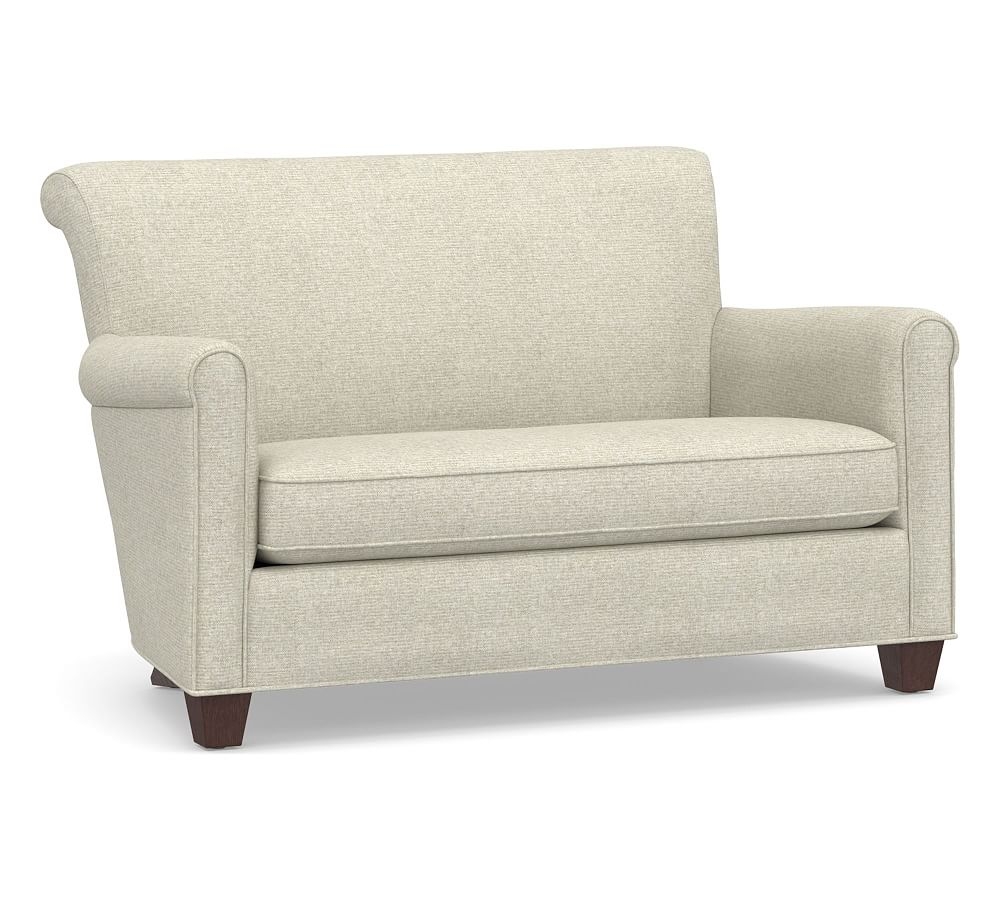 Irving Roll Arm Upholstered Settee with Nailheads, Polyester Wrapped Cushions, Performance Heathered Basketweave Alabaster White - Image 0