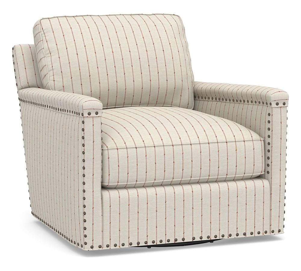 Tyler Square Arm Upholstered Swivel Armchair with Nailheads, Down Blend Wrapped Cushions, Slubby Pinstripe Red - Image 0