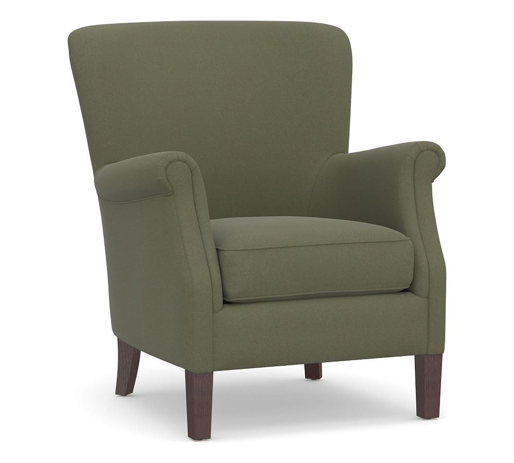 SoMa Minna Roll Arm Upholstered Armchair, Polyester Wrapped Cushions, Performance Heathered Velvet Olive - Image 0