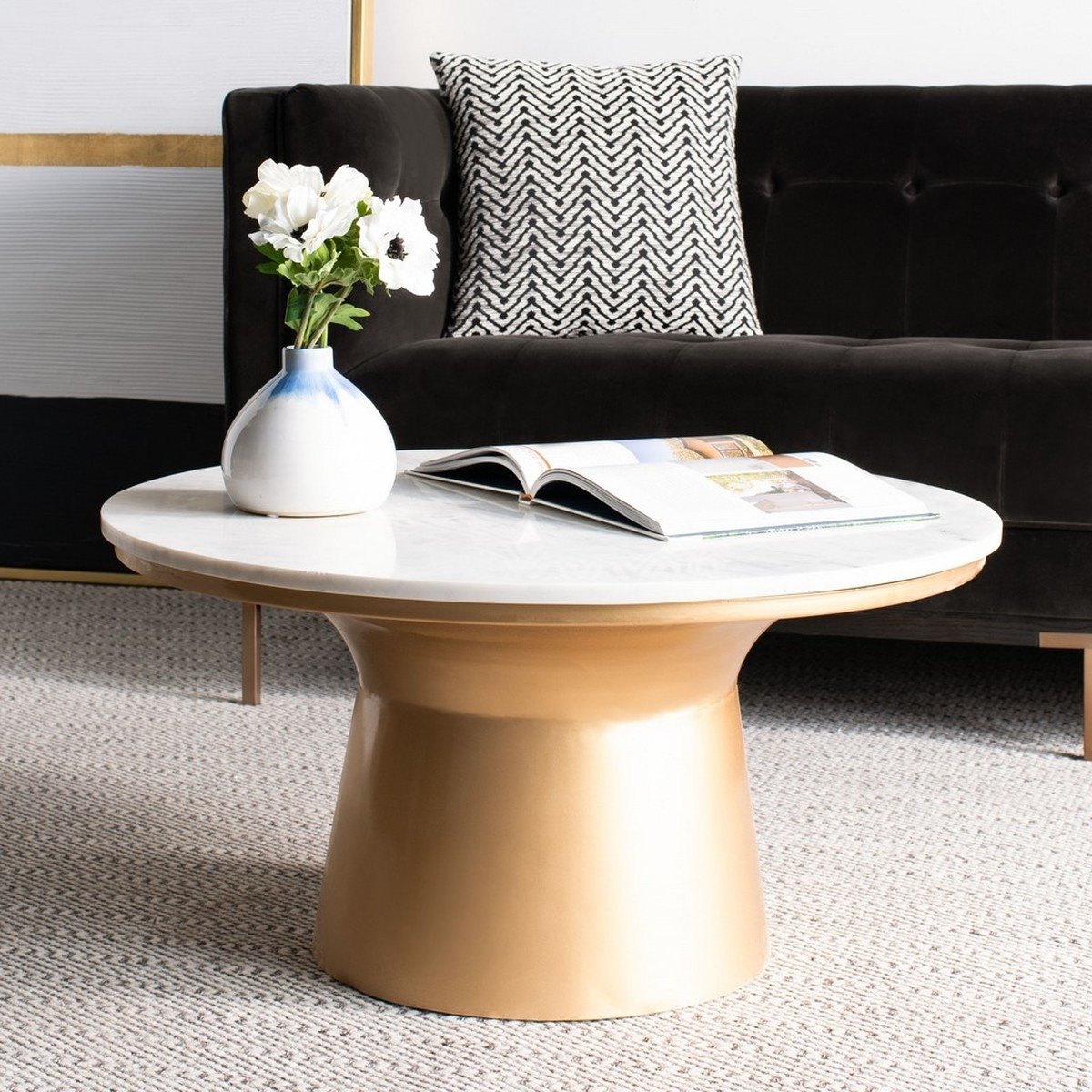 Mila Pedestal Coffee Table - White Marble/Brass - Safavieh - Image 1