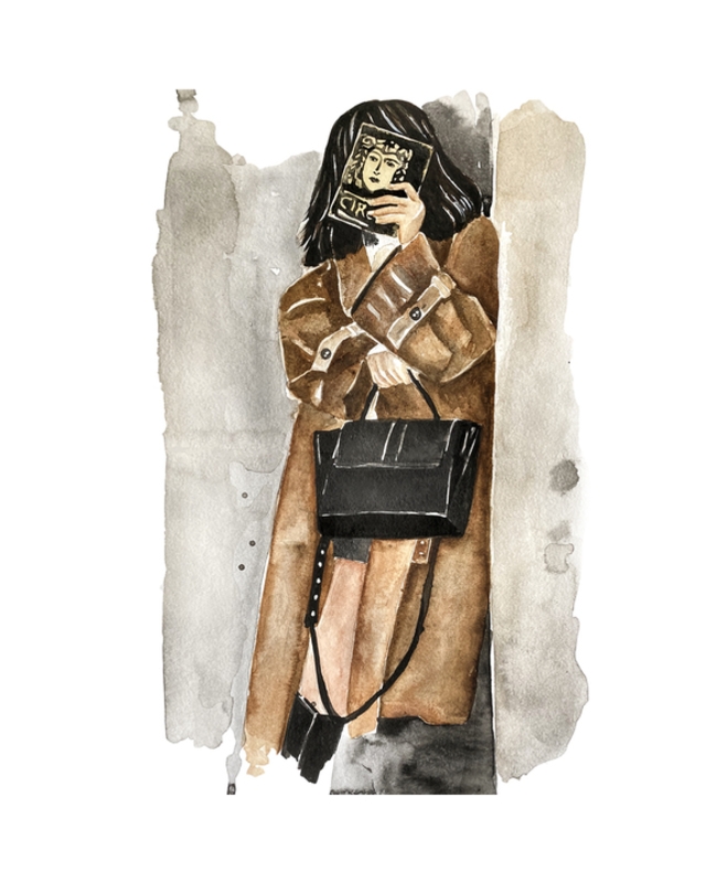 Woman in Beige Coat, Art Print, Black Frame, 8" x 10" - Image 1