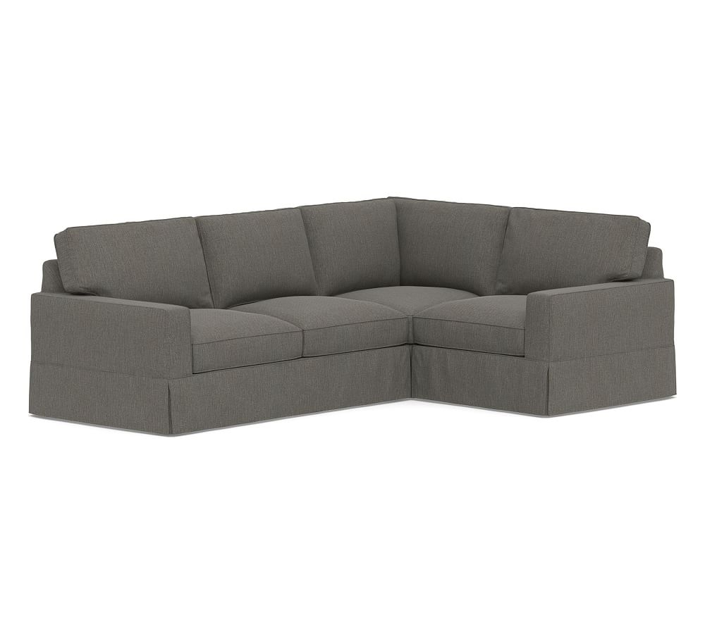 PB Comfort Square Arm Slipcovered Left Arm 3-Piece Corner Sectional, Box Edge Down Blend Wrapped Cushions, Chenille Basketweave Charcoal - Image 0