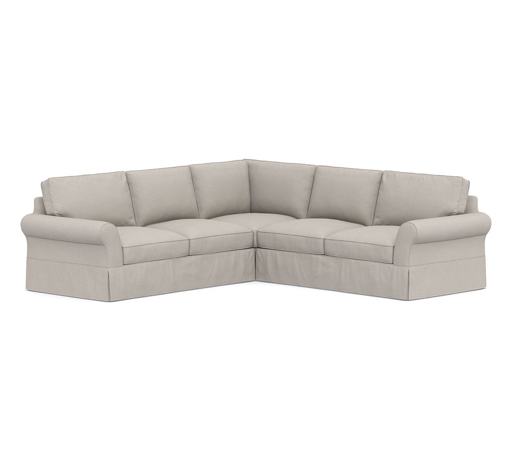 PB Comfort Roll Arm Slipcovered 3-Piece L-Shaped Corner Sectional, Box Edge, Down Blend Wrapped Cushions, Chunky Basketweave Stone - Image 0
