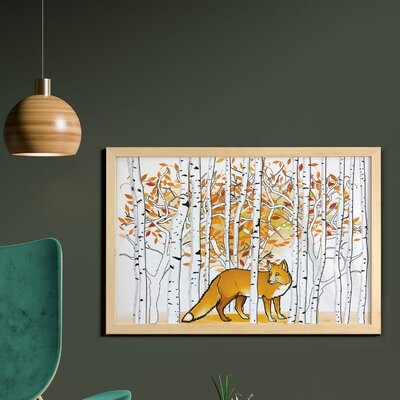 Ambesonne Hunting Wall Art With Frame, Fox Hunting In Autumn Forest Birch Trees Rustic Life Wilderness Animal, Printed Fabric Poster For Bathroom Living Room Dorms, 35" X 23", Orange White Black - Image 0