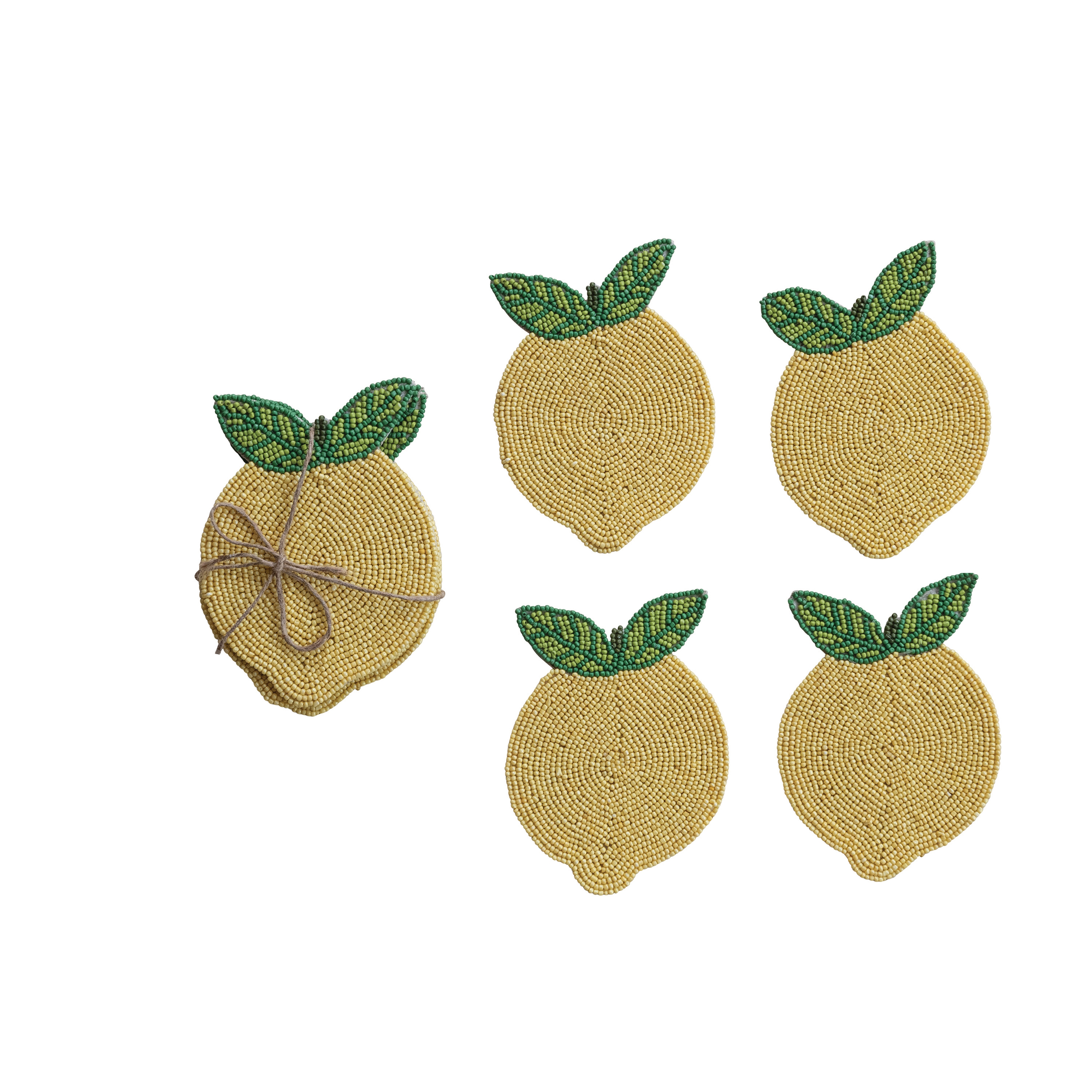 4-Piece Handmade Beaded Lemon Coasters with Jute Tie, Yellow and Green - Image 0