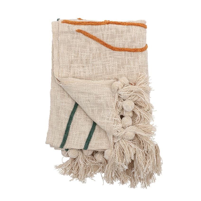 Cotton Embroidered Throw Blanket with Tassels, Cream - Image 0