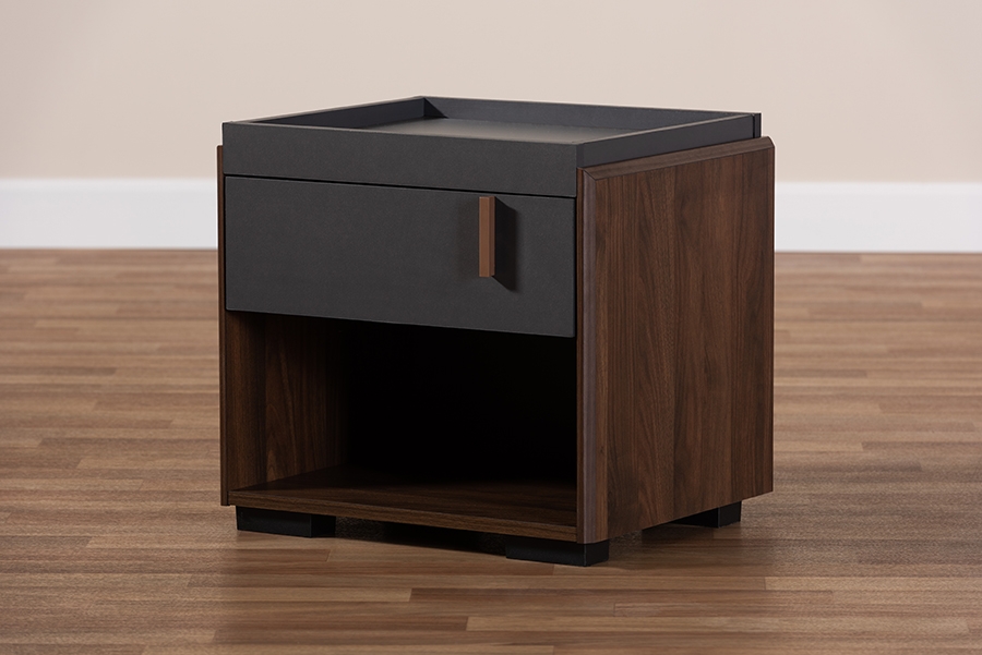 Rikke Modern and Contemporary Two-Tone Gray and Walnut Finished Wood 1-Drawer Nightstand - Image 7