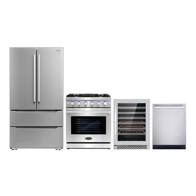 4 Piece Kitchen Package With 30" Freestanding Gas Range 24" Built-in Fully Integrated Dishwasher Energy Star French Door Refrigerator & 48 Bottle Freestanding Wine Refrigerator - Image 0