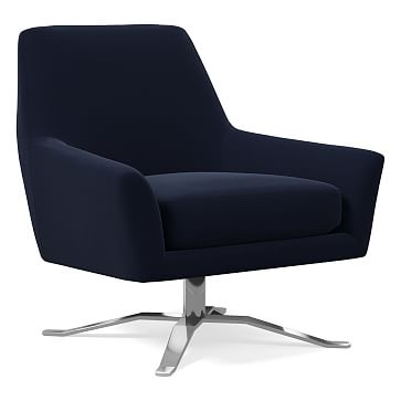 Lucas Swivel Base Chair, Poly, Distressed Velvet, Ink Blue, Polished Nickel - Image 0