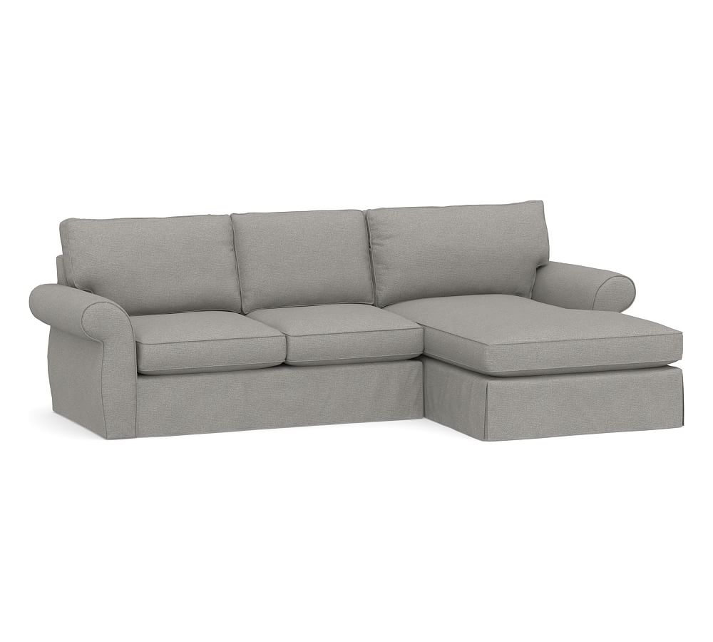 Pearce Roll Arm Slipcovered Left Arm Loveseat with Double Wide Chaise Sectional, Down Blend Wrapped Cushions, Performance Heathered Basketweave Platinum - Image 0