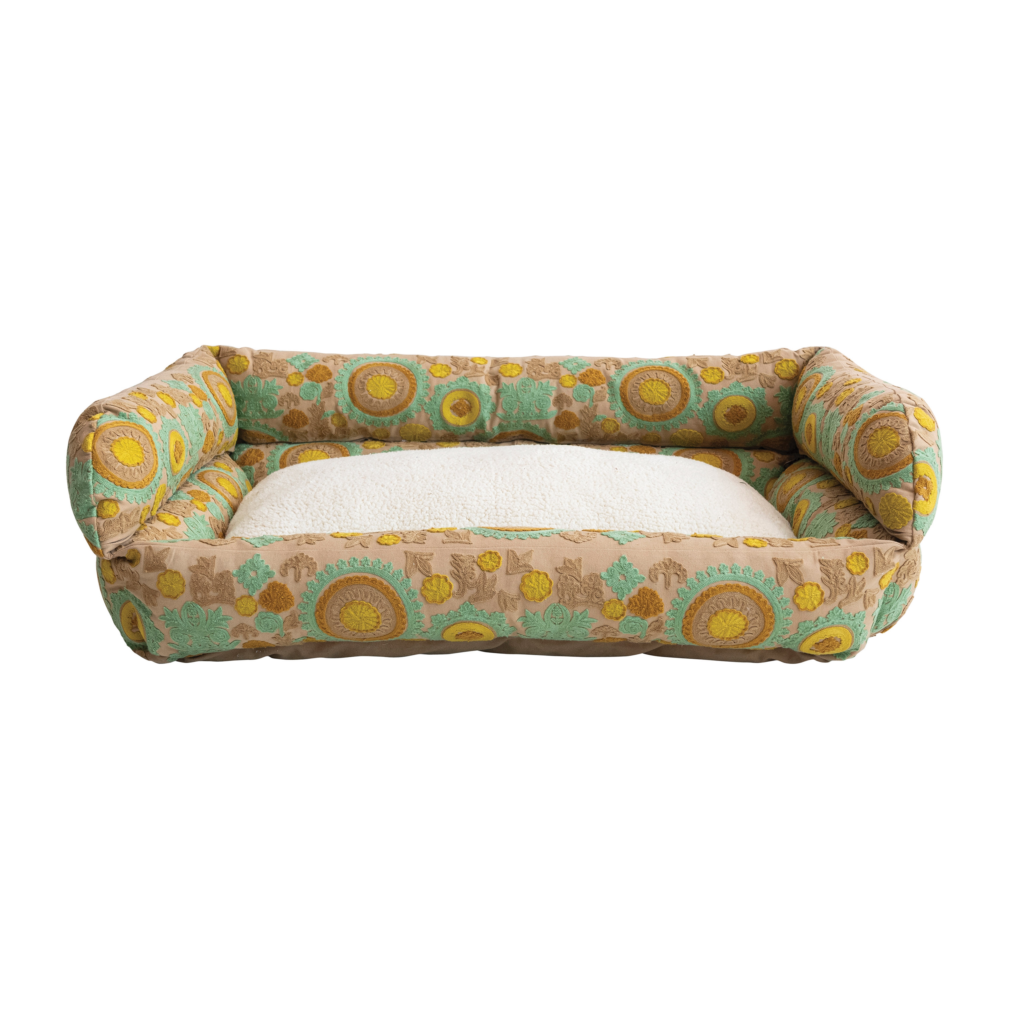 Floral Cotton and Sherpa Pet Bed with Removable Cover, Taupe, Green and Mint - Image 0