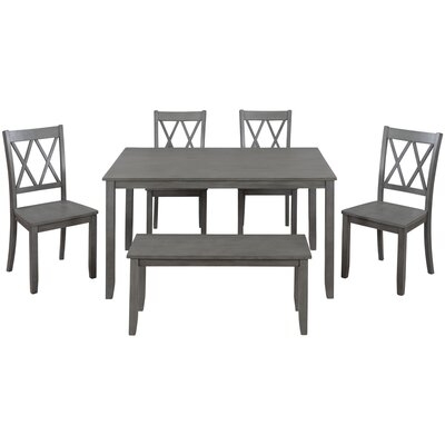 6-piece Wooden Kitchen Table Set, Farmhouse Rustic Dining Table Set With Cross Back 4 Chairs And Bench,antique Graywash - Image 0