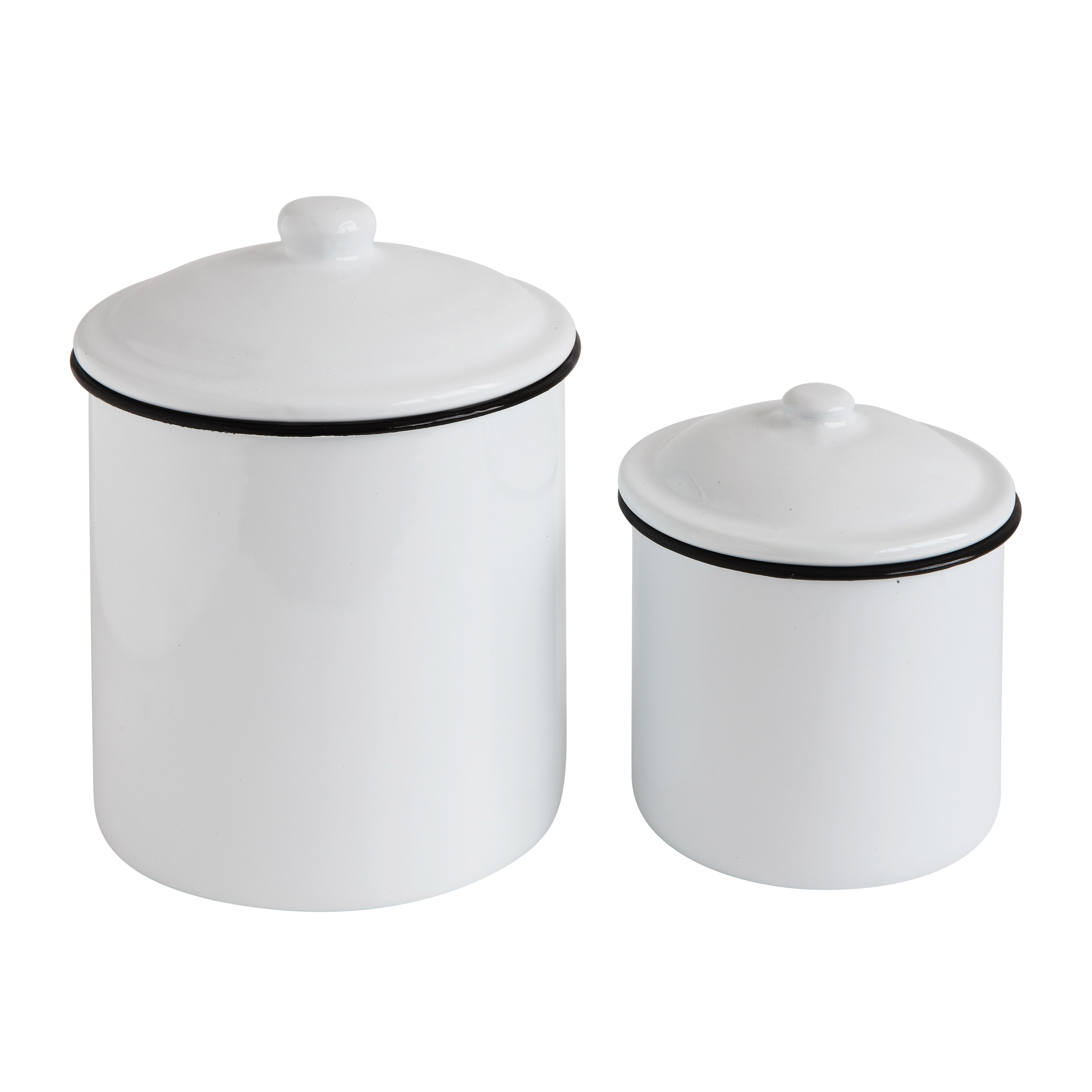 Set of 2 White Enameled Canisters with Lids - Image 0