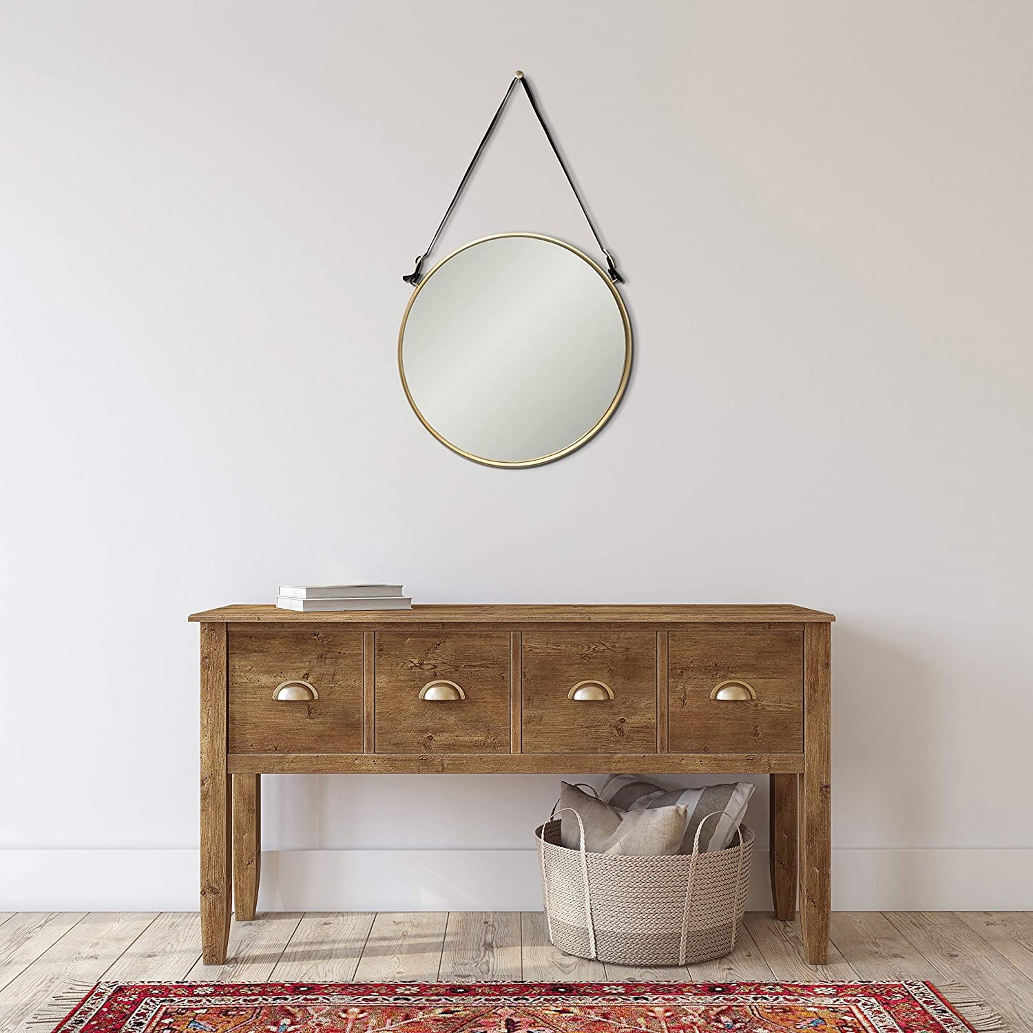 Round Metal & MDF Hanging Wall Mirror with Buckle Strap, Brushed Brass Finish - Image 1