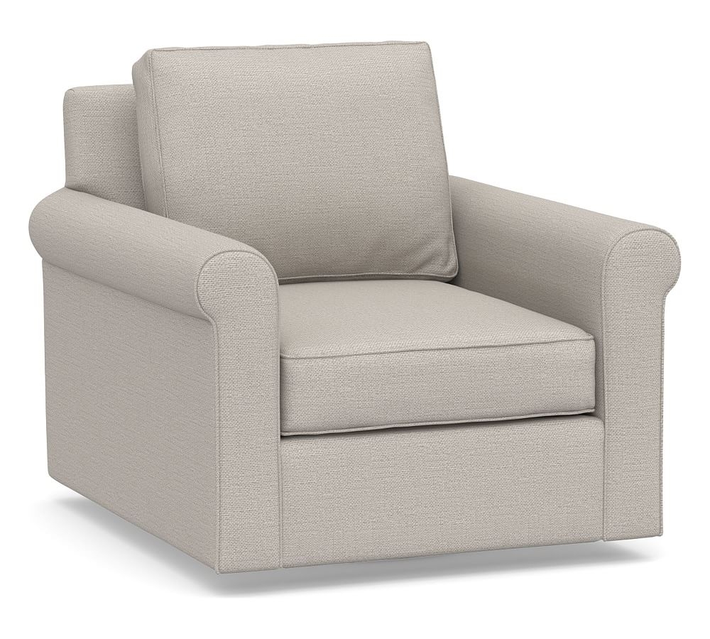 Cameron Roll Arm Upholstered Deep Seat Swivel Armchair, Polyester Wrapped Cushions, Chunky Basketweave Stone - Image 0
