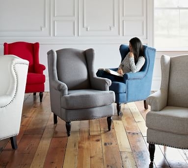 SoMa Delancey Upholstered Wingback Armchair, Polyester Wrapped Cushions, Performance Brushed Basketweave Chambray - Image 3