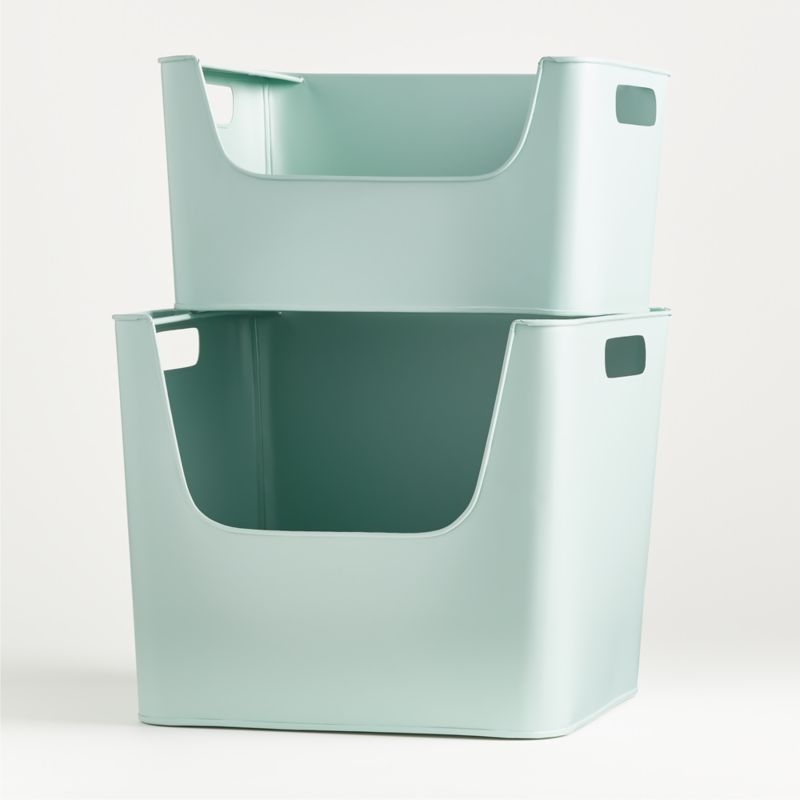Small Mint Green Metal Stacking Storage Bin with Handles - Image 1