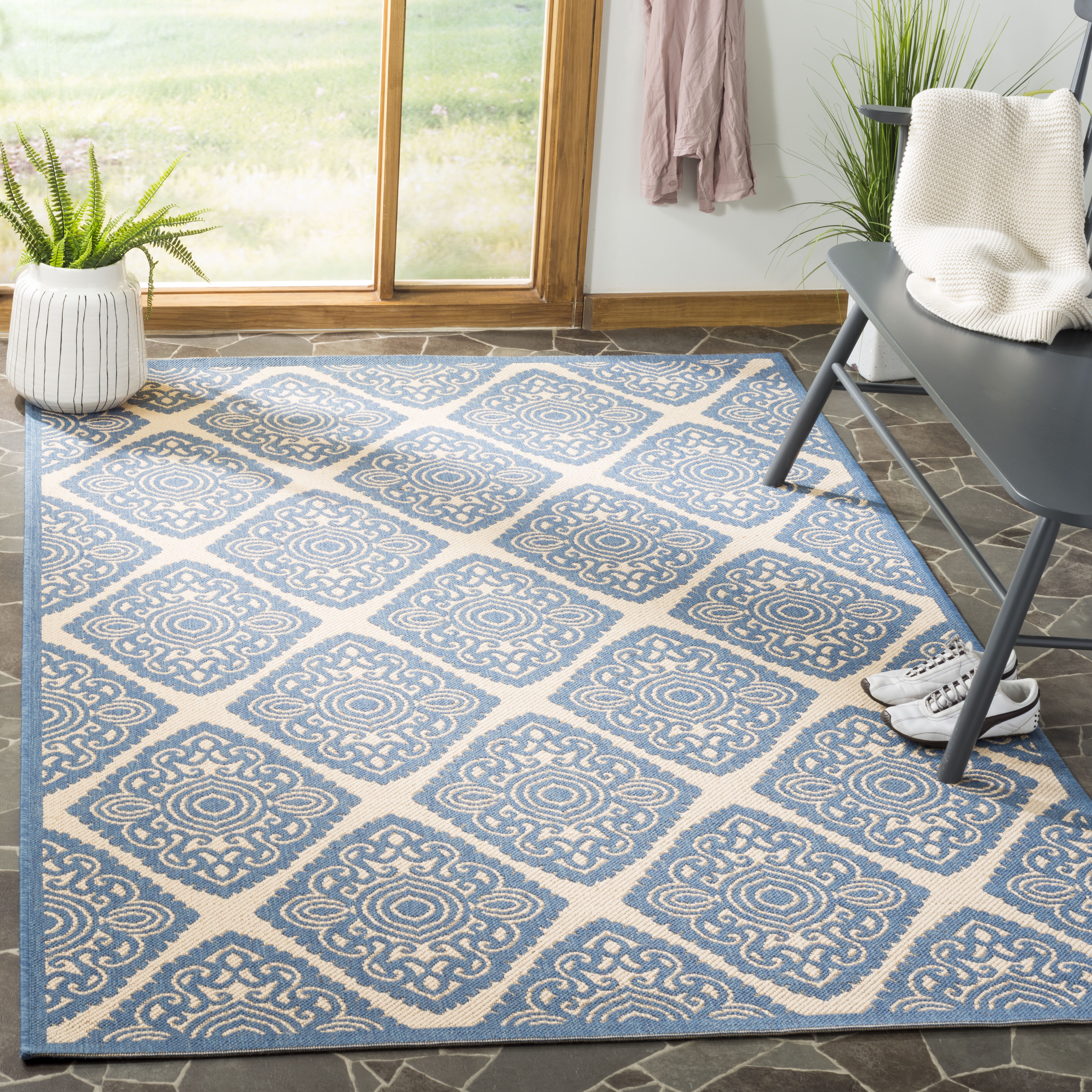 Arlo Home Indoor/Outdoor Woven Area Rug, LND132N, Cream/Blue,  4' X 6' - Image 1