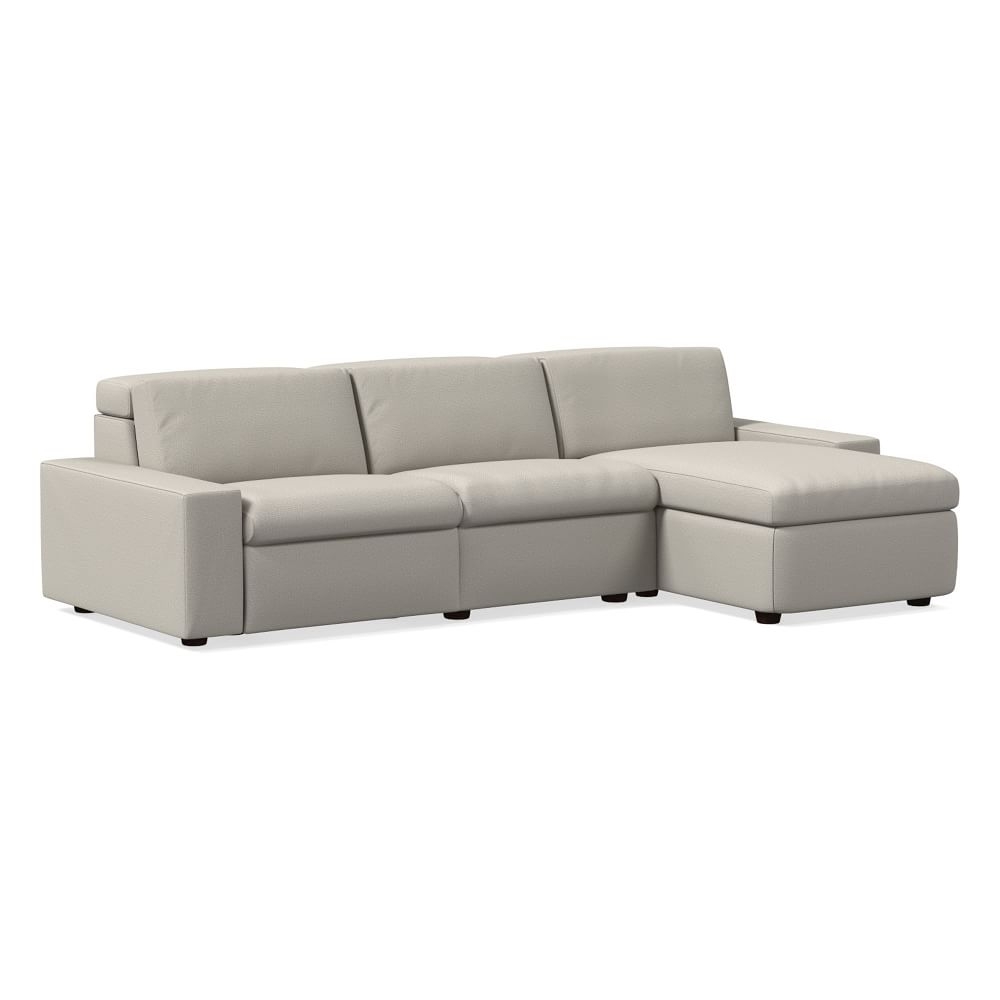 Enzo 108" 3-Piece Reclining Chaise Sectional w/ Storage, Two Basic Arms, Basket Slub, Pearl Gray - Image 0
